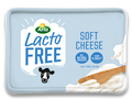 Arla Lacto Free soft cheese packaging with a light blue background and cow illustration.