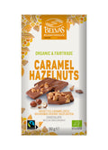 Belvás organic and fairtrade caramel hazelnut chocolate bar packaging on a white background