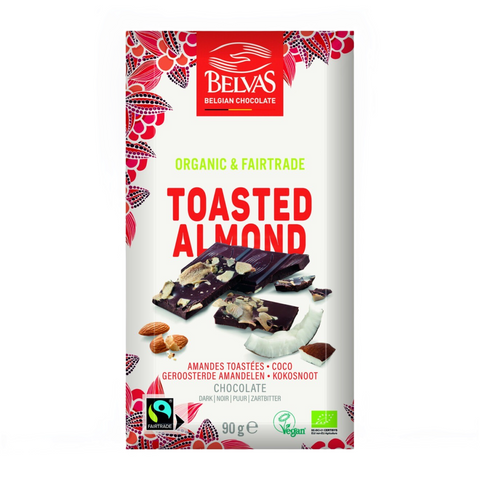 Belvas toasted almond chocolate bar packaging on a white background