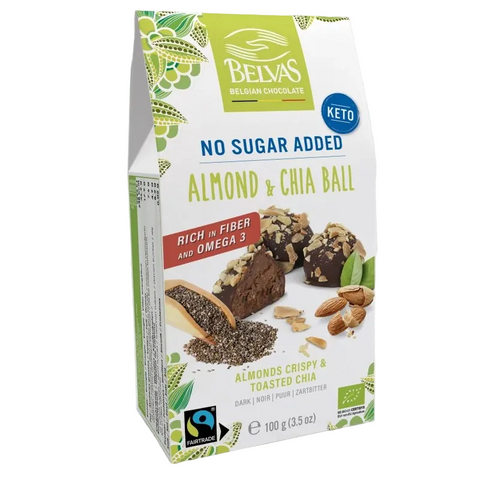 Belvas no sugar added almond and chia ball package on a white background