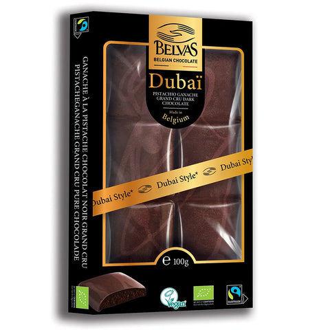 Belvás Dubai chocolate packaging on a white background