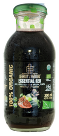 A glass bottle of Georgia's Natural Organic Essential Red Juice, 300ml, with a green lid and a label displaying the brand, product name, and additional details.