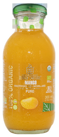 A glass bottle of Georgia's Natural Organic Mango Juice with a green lid. The label indicates that the juice is 100% Pure and has an organic certification logo.