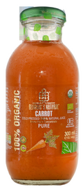 A glass bottle of Georgia's Natural Organic Carrot Juice with a green lid. The label indicates it is 100% Pure Carrot Juice, 300ml, with organic certification logos.