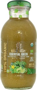 Glass bottle of 'Essential Green' cold pressed juice with green lid and label.