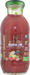 Glass bottle of Georgia's natural organic Essential Pink Guava juice with a green cap on a white background
