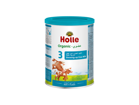 Holle Organic milk powder can on a white background