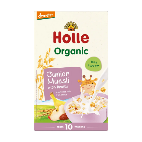 Holle Organic Muesli with Fruits 250g box showing a bowl of fruit porridge for babies