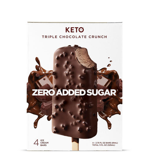 Keto triple chocolate ice cream crunch, zero added sugar ice cream bar,  low sugar dessert.