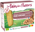 Packaging for Le Pain Des Fleurs Organic Crunchy Chickpea Toast, displaying the product and its ingredients such as rice and chickpeas, with no gluten sign and organic certification logos.