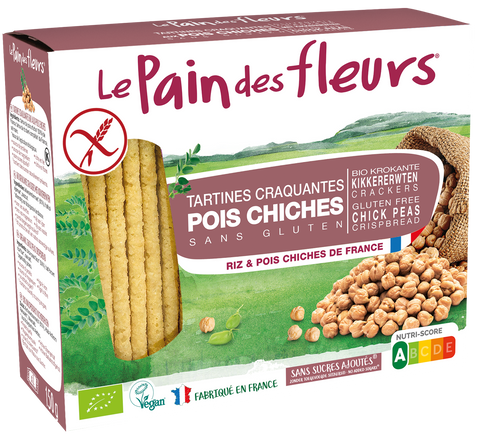 Packaging for Le Pain Des Fleurs Organic Crunchy Chickpea Toast, displaying the product and its ingredients such as rice and chickpeas, with no gluten sign and organic certification logos.