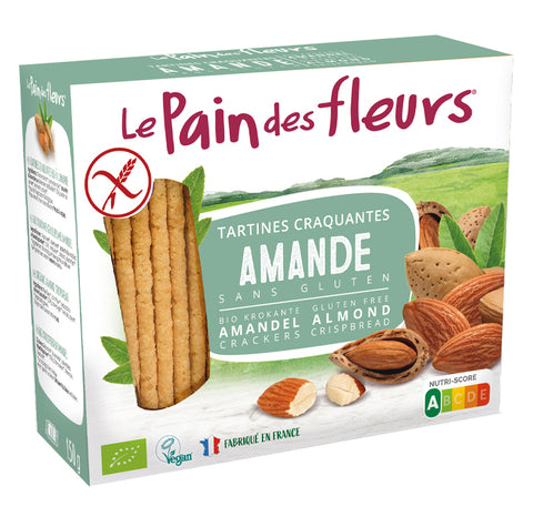 Box of Le Pain des fleurs almond crackers with gluten-free label on a white background