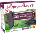 Le Pain des Fleurs Black Rice gluten-free crispbread, with the product visible in a box alongside images of rice and the brand logo.