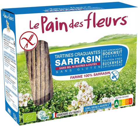 Le Pain Des Fleurs Buckwheat Crispbread, highlighting the product as having no added sugar and being made with 100% buckwheat.