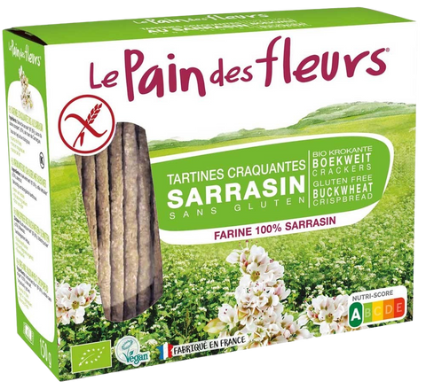 Le Pain des Fleurs Gluten Free Buckwheat Crispbread 150g, displaying the product and its gluten-free attribute.