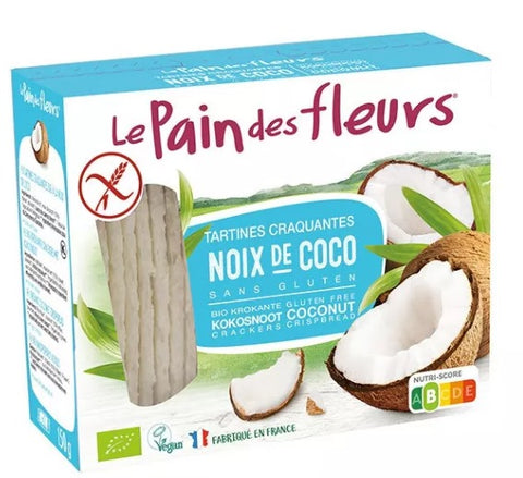 Packaging of Le Pain Des Fleurs Coconut Crispbread with images of coconut and the product name, indicating gluten-free and vegan attributes.