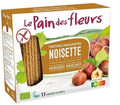 Le Pain des Fleurs hazelnut crispbread with images of the crispbread, hazelnuts, and leaves. The package indicates that the product is gluten-free, vegan, and made in France.