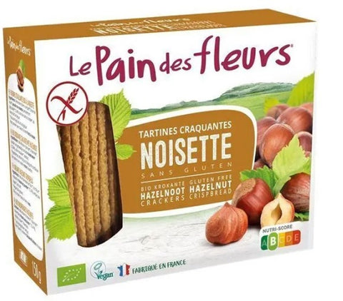 Le Pain des Fleurs hazelnut crispbread with images of the crispbread, hazelnuts, and leaves. The package indicates that the product is gluten-free, vegan, and made in France.