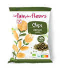 Le Pain Des Fleurs Chips Lentils 50g, displaying the product and its name, along with illustrations of lentils and greenery.