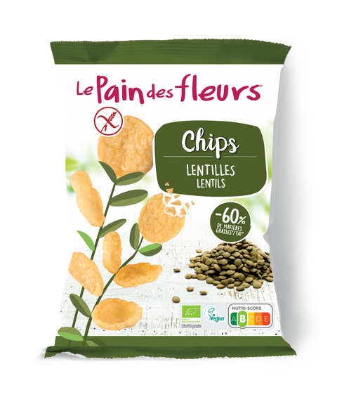 Le Pain Des Fleurs Chips Lentils 50g, displaying the product and its name, along with illustrations of lentils and greenery.