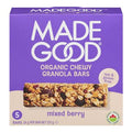 A box of Made Good Organic Chewy Granola Bars in mixed berry flavor. The packaging is primarily purple with white text, featuring a photo of the granola bar and a circular badge indicating it is nut and gluten free.