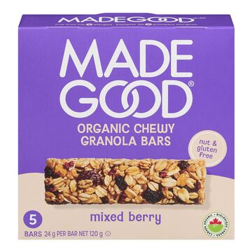 A box of Made Good Organic Chewy Granola Bars in mixed berry flavor. The packaging is primarily purple with white text, featuring a photo of the granola bar and a circular badge indicating it is nut and gluten free.