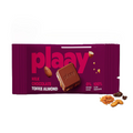 Milk chocolate toffee almond bar packaging with 'plaay' branding, 0% refined sugar, organic, and healthy