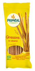 A package of Primeal brand sesame breadsticks, 120g, with the product visible in a clear window on the packaging.
