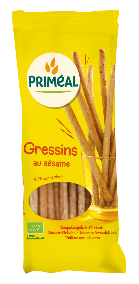 A package of Primeal brand sesame breadsticks, 120g, with the product visible in a clear window on the packaging.