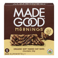 A box of Made Good Mornings Organic Soft Baked Oat Bars in chocolate chip flavor. The packaging is dark brown with white and gold lettering, featuring an image of a chocolate chip oat bar on the front.