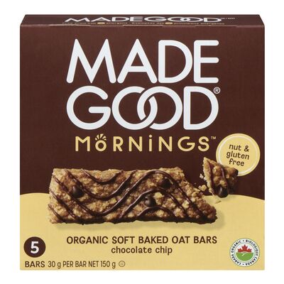 A box of Made Good Mornings Organic Soft Baked Oat Bars in chocolate chip flavor. The packaging is dark brown with white and gold lettering, featuring an image of a chocolate chip oat bar on the front.
