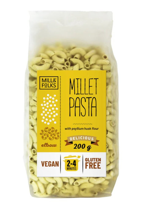 Mill & Folks Millet Pasta Elbow pack, 200g, vegan, available at Biorganic Dubai.