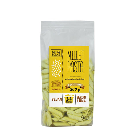 Mill & Folks Organic Millet Pasta Penne, gluten free healthy pasta, 200g pack, available at Biorganic Dubai