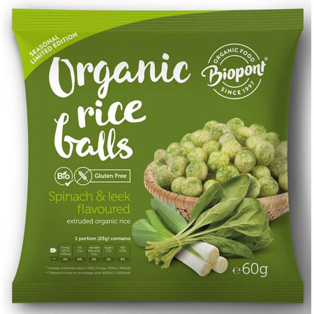Biopont Gluten Free Extruded Rice Ball with Spinach & Leek Organic 60g