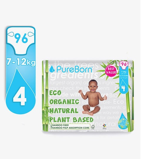 Pure Born Organic Natural Plant Based Bamboo Diaper Size 4, 96s
