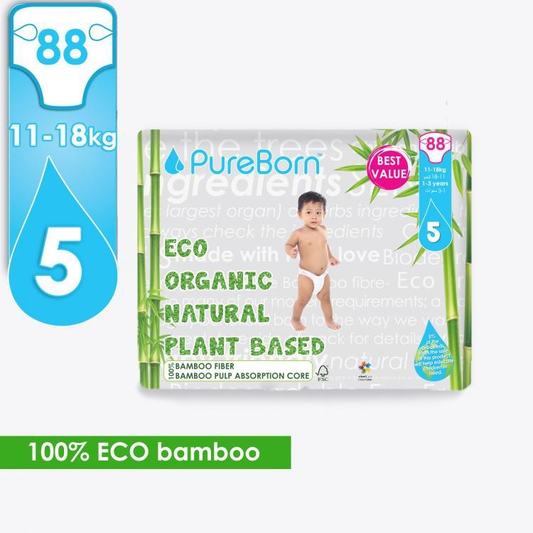 Pure Born Organic Natural Plant Based Bamboo Diaper Size 5, 88s