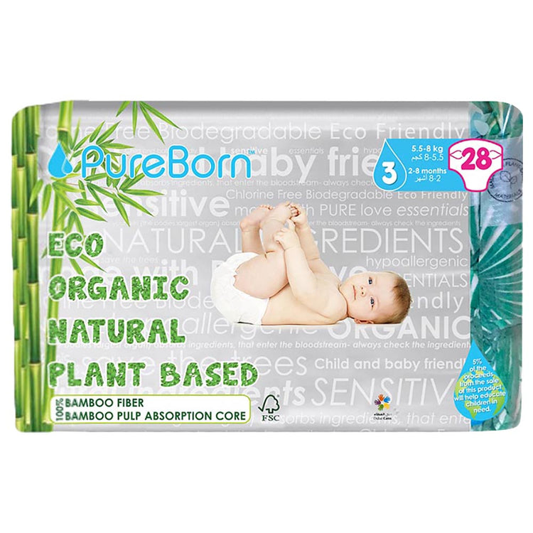 Pure Born Organic Natural Plant Based Bamboo Diaper Size 3, 28s