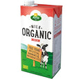 A carton of Arla Organic Low Fat Milk, 1 liter, with organic certification, indicating it is free from artificial hormones and preservatives.
