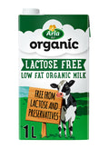 A carton of Arla Organic Lactose Free Milk, 1L size, with a label stating 'Lactose and Preservatives Free' and an illustration of a cow.