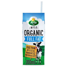A carton of Arla Organic Full Fat Milk, 200ml, with branding and organic certification displayed on the front.