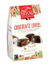 A package of Belvas Organic Hearts, which are chocolate-covered nuts. The package is white with red and green accents, and it shows images of the chocolate-covered nuts.