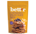 A package of Bettr Organic Pancake Mix with a stack of pancakes with blueberries on top, alongside a text that highlights the vegan and gluten-free features.