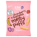 A pink packet of Ella's Kitchen Melty Puffs with Strawberries & Bananas flavor. The packet features illustrations of the puffs, a banana, and strawberries, along with organic, vegan, and gluten-free labels.