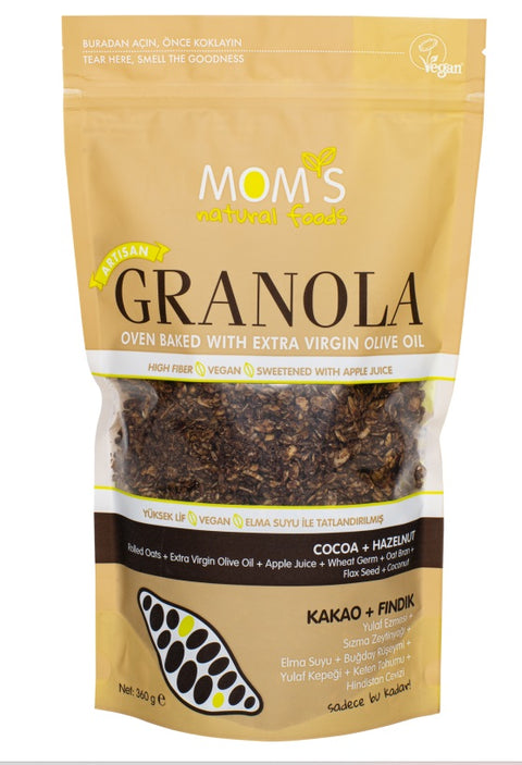 Mom's Natural Foods Cocoa & Hazelnut Granola, oven baked vegan granola, 360g, Biorganic Dubai